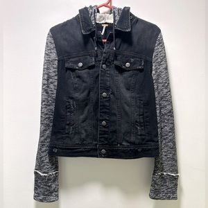 Free People Black Denim Jacket with sweater sleeves and hood